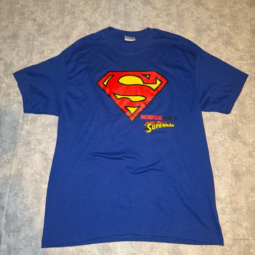 Vintage 1998 Superman Metropolis T Shirt Hanes Heavyweight Blue Large DC Comics